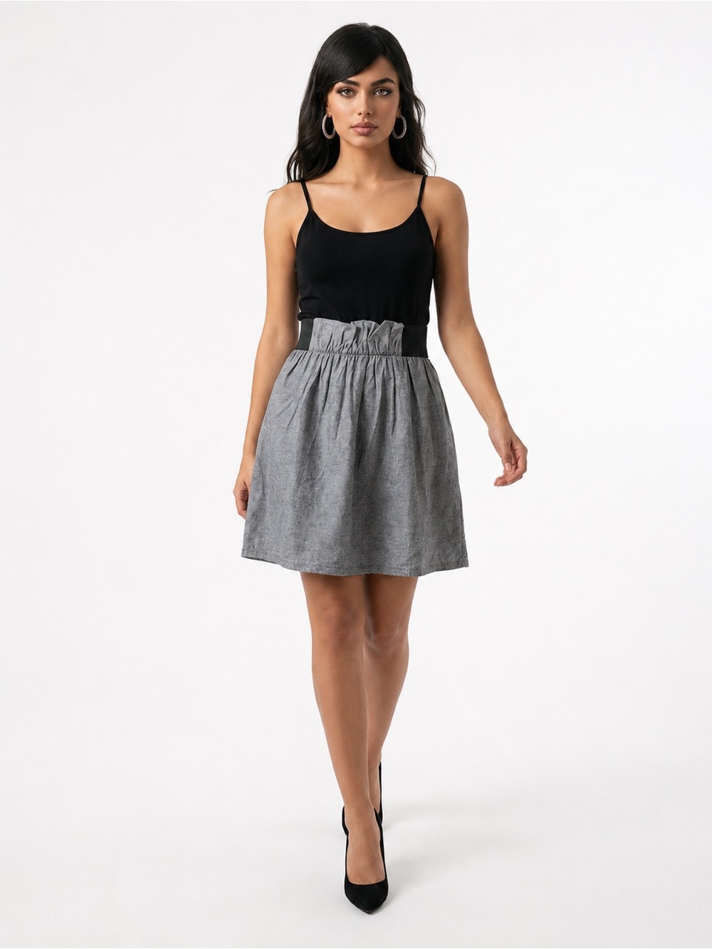 Majora Black Grey Paperbag Waist Fit & Flare Mini Dress Size M